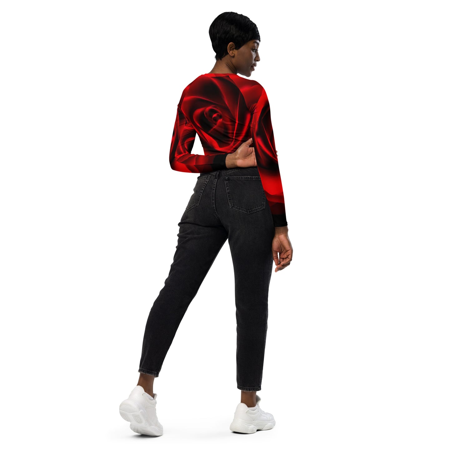 Emote Merch from SpotlYght Seeker - Bravo and Roses Long-Sleeve Crop Top for the Female Artist because artists deserve praise.