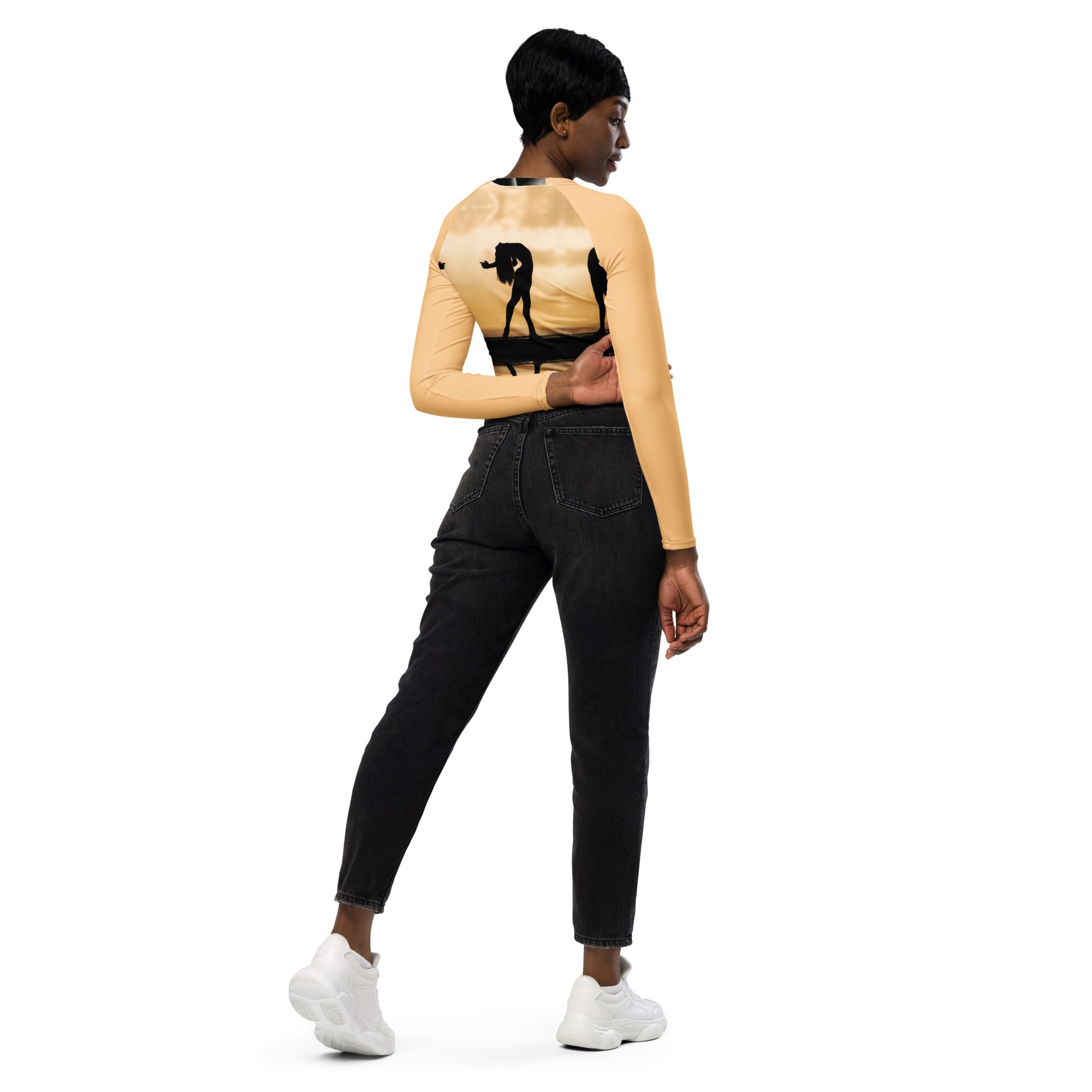 A-Ray of Emotions Long Sleeve Crop Top - AH Peach: A canvas for creative magic, inspired by the profound quote, in the enchanting Peach color.   'Every work of art begins with a ray of emotion, a torch of inspiration, a question searching for an answer.' Explore the journey of creativity in this captivating hue."