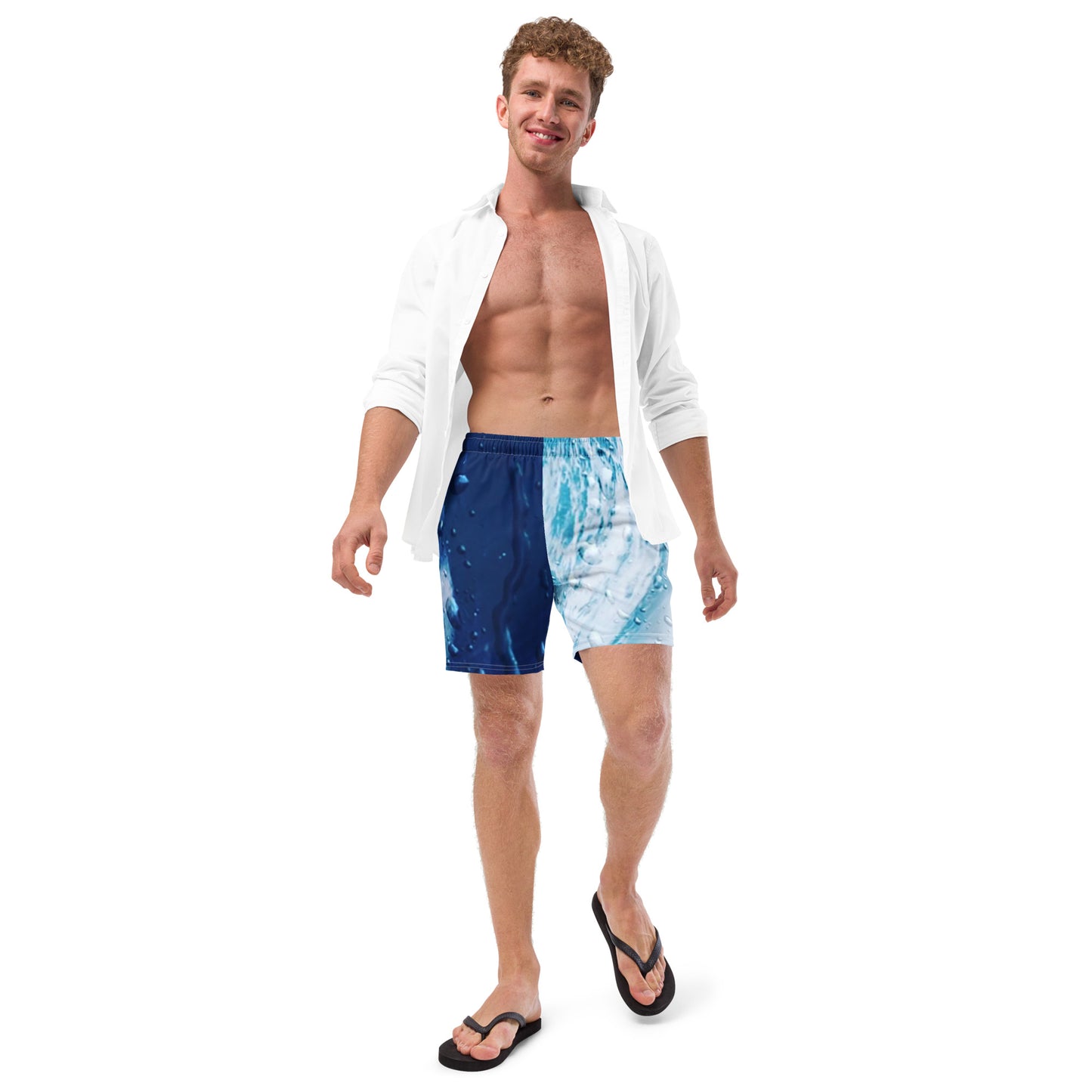 Dedicated artists wearing vibrant Ride the Wave Swim Trunks, embodying the artistic journey's highs and lows with the passion that drives their creativity. Embrace the ups and downs with SpotlYght Seeker's inspirational blend of style and support at the beach.