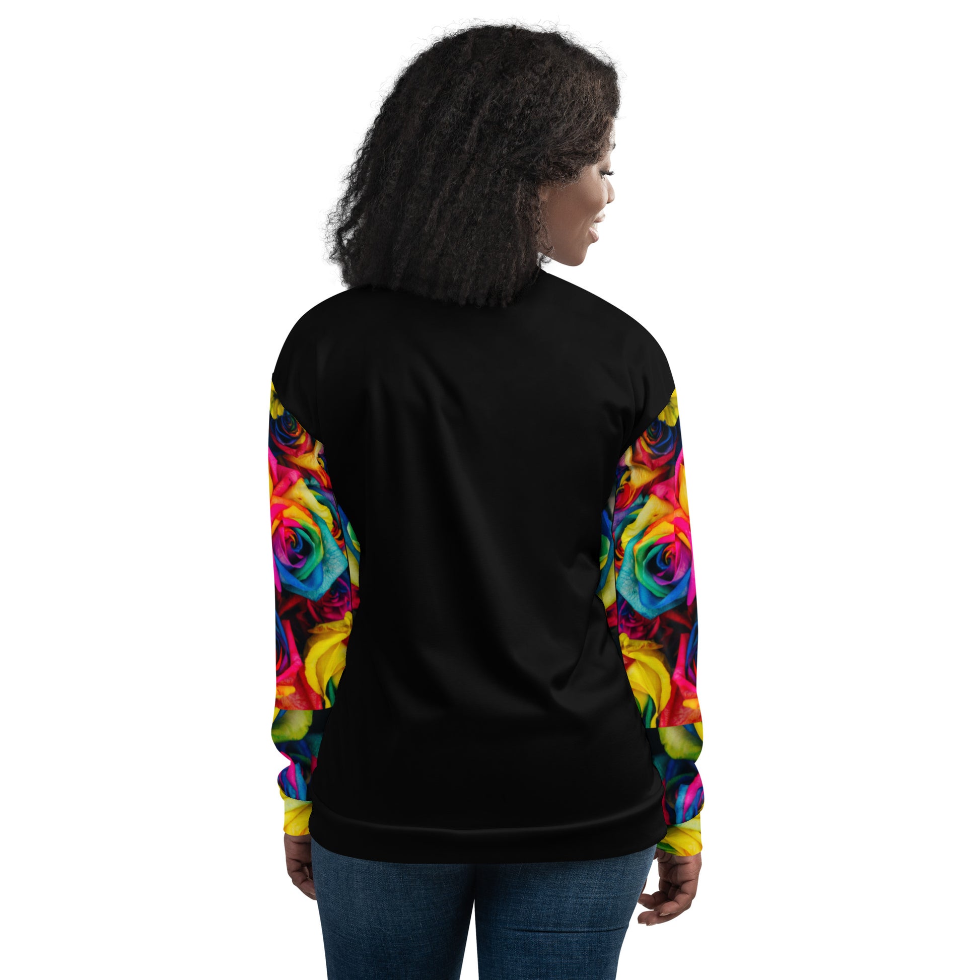 Moonlight & Roses Unisex Bomber Jacket - Full Sleeves from the Bravo & Roses Collection - Because artists deserve praise!  Gift yourself SpotlYght Seeker. You've earned it.  Let this statement piece be a  symbol of self-praise and empowerment, a perfect gift to yourself.