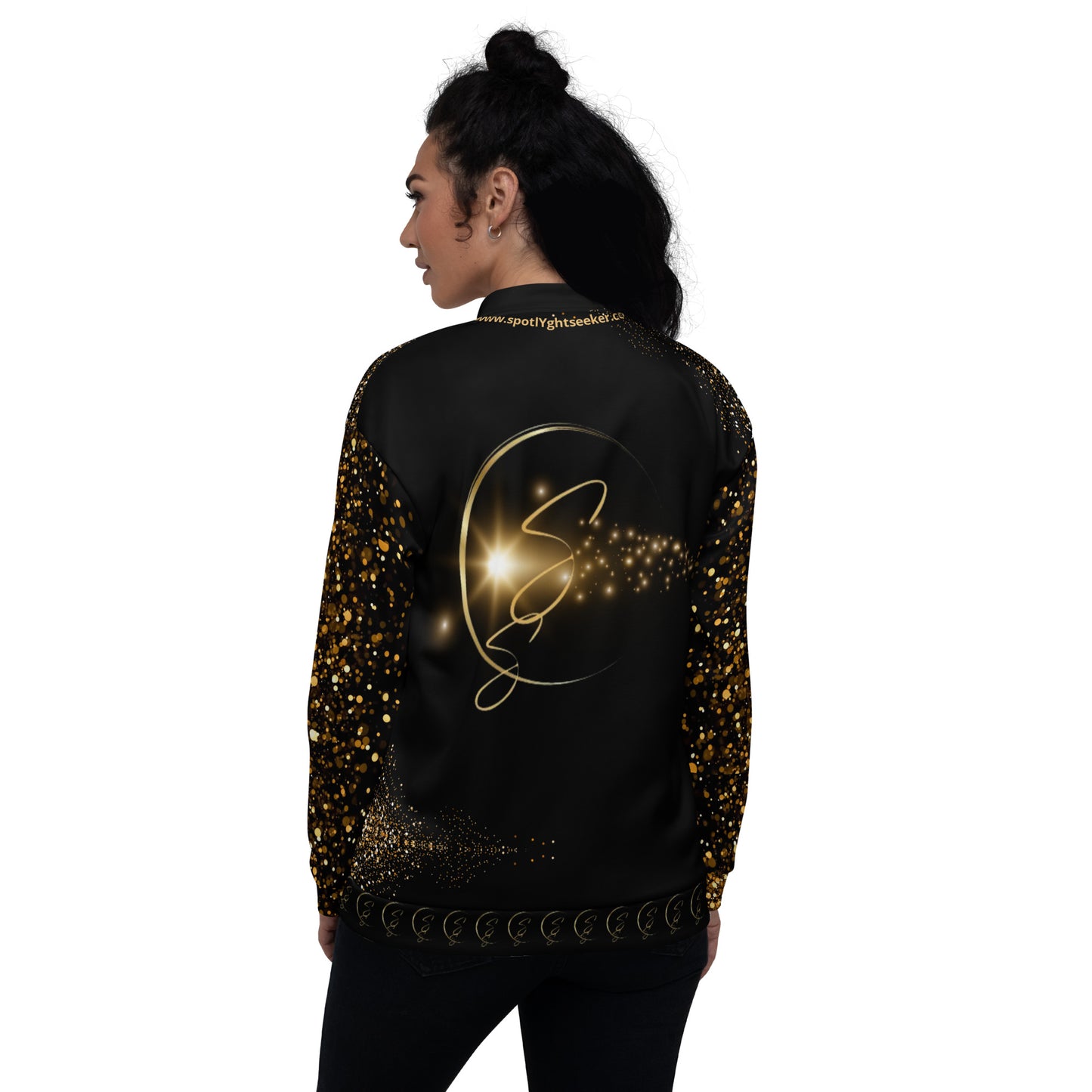 Unisex Bomber Jacket in dazzling sequin-simulated design, perfect for adding sparkle to your style.  For the artist whose birthright is the spotlight.