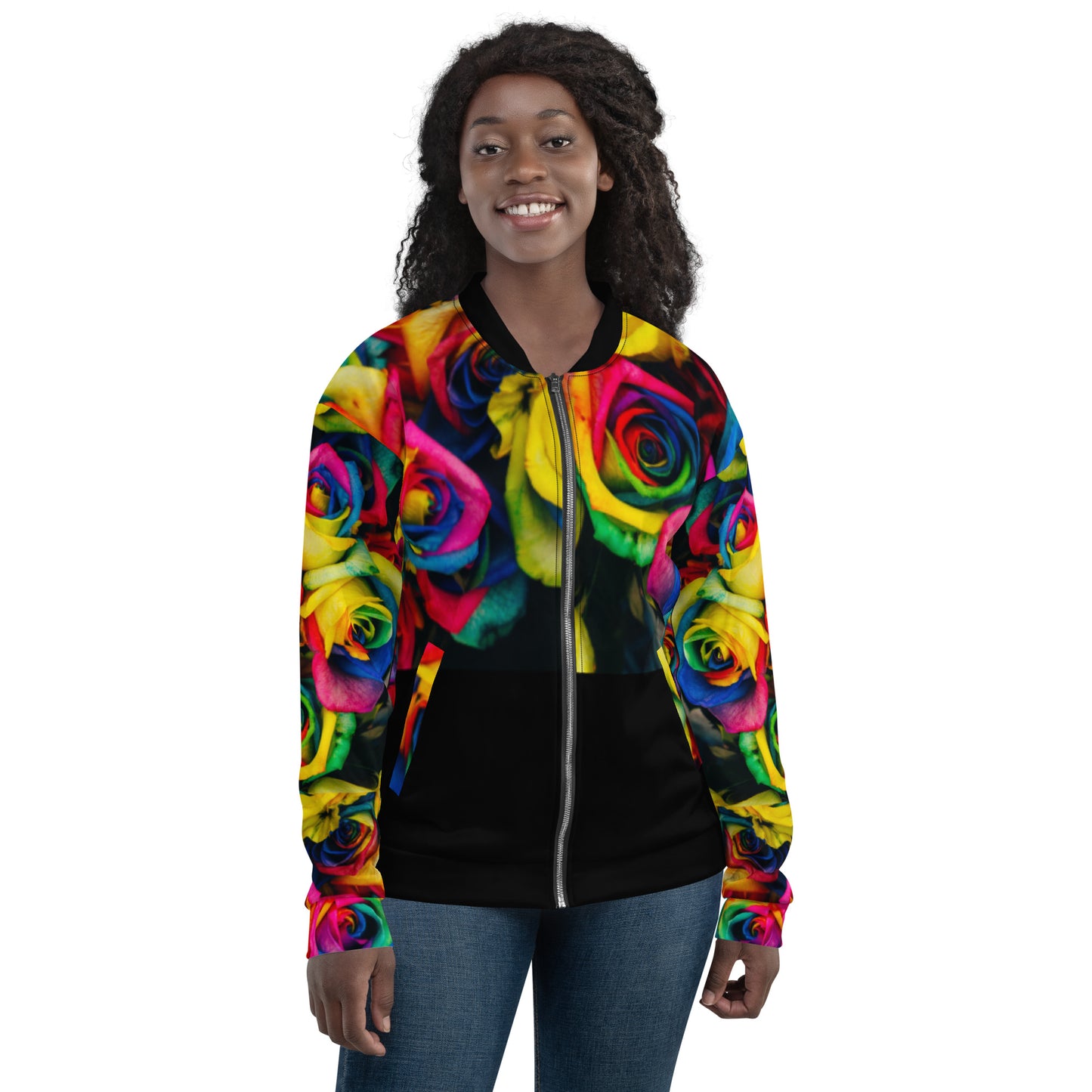 Moonlight & Roses Unisex Bomber Jacket - Full Sleeves from the Bravo & Roses Collection - Because artists deserve praise!  Gift yourself SpotlYght Seeker. You've earned it.  Let this statement piece be a  symbol of self-praise and empowerment, a perfect gift to yourself.