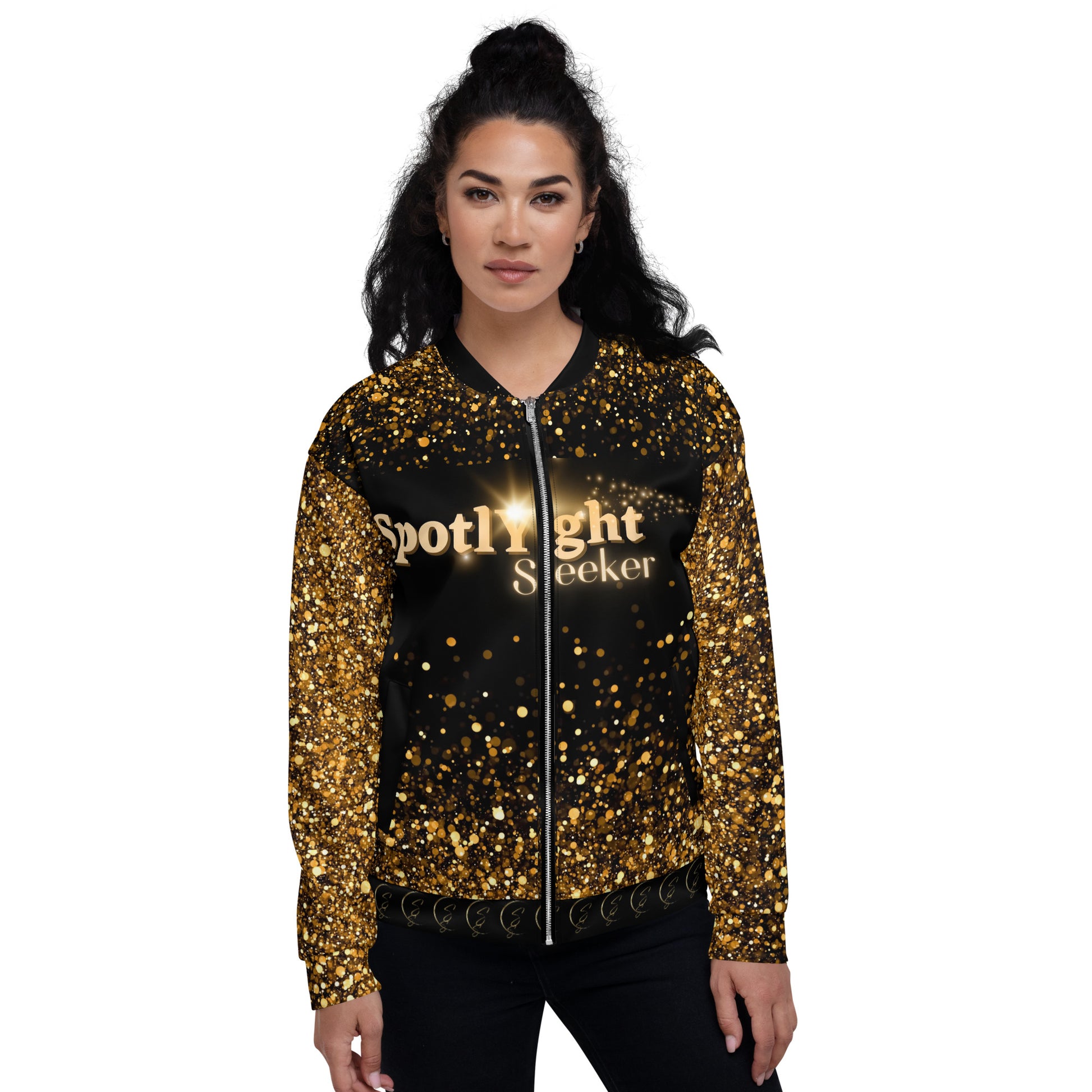 Unisex Bomber Jacket in dazzling sequin-simulated design, perfect for adding sparkle to your style.  For the artist whose birthright is the spotlight.