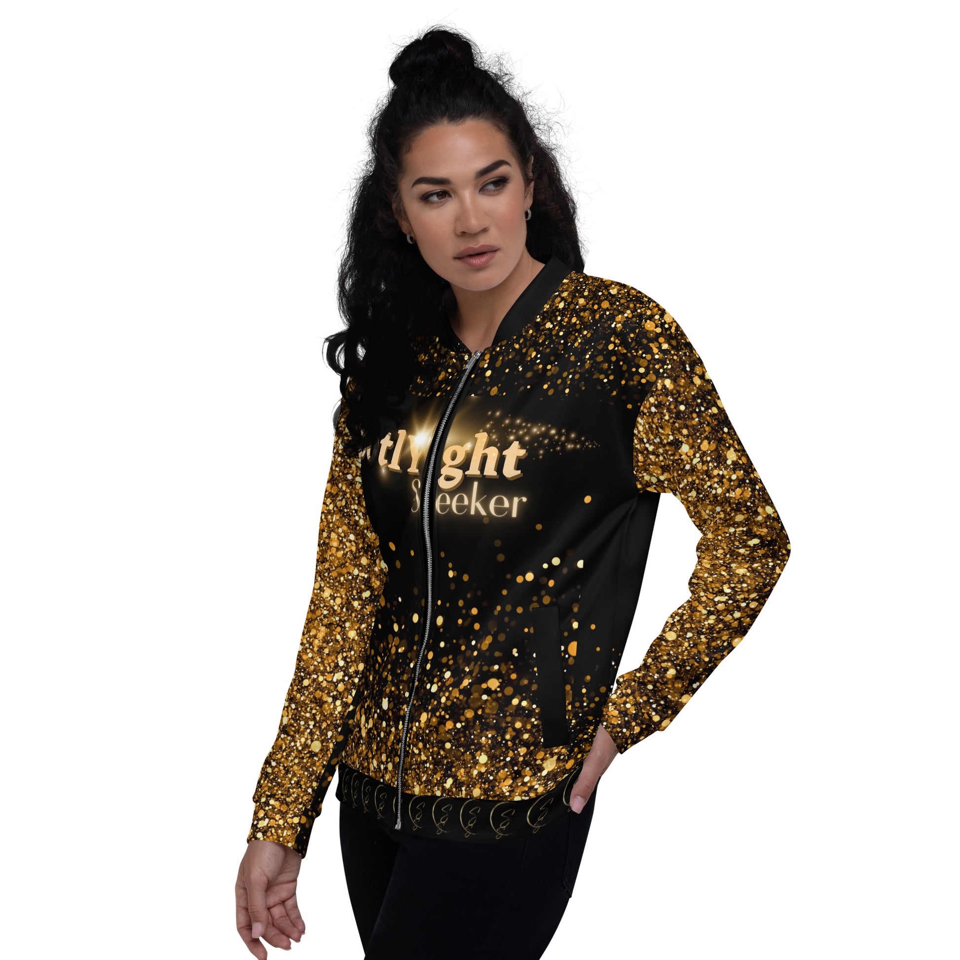 Unisex Bomber Jacket in dazzling sequin-simulated design, perfect for adding sparkle to your style.  For the artist whose birthright is the spotlight.
