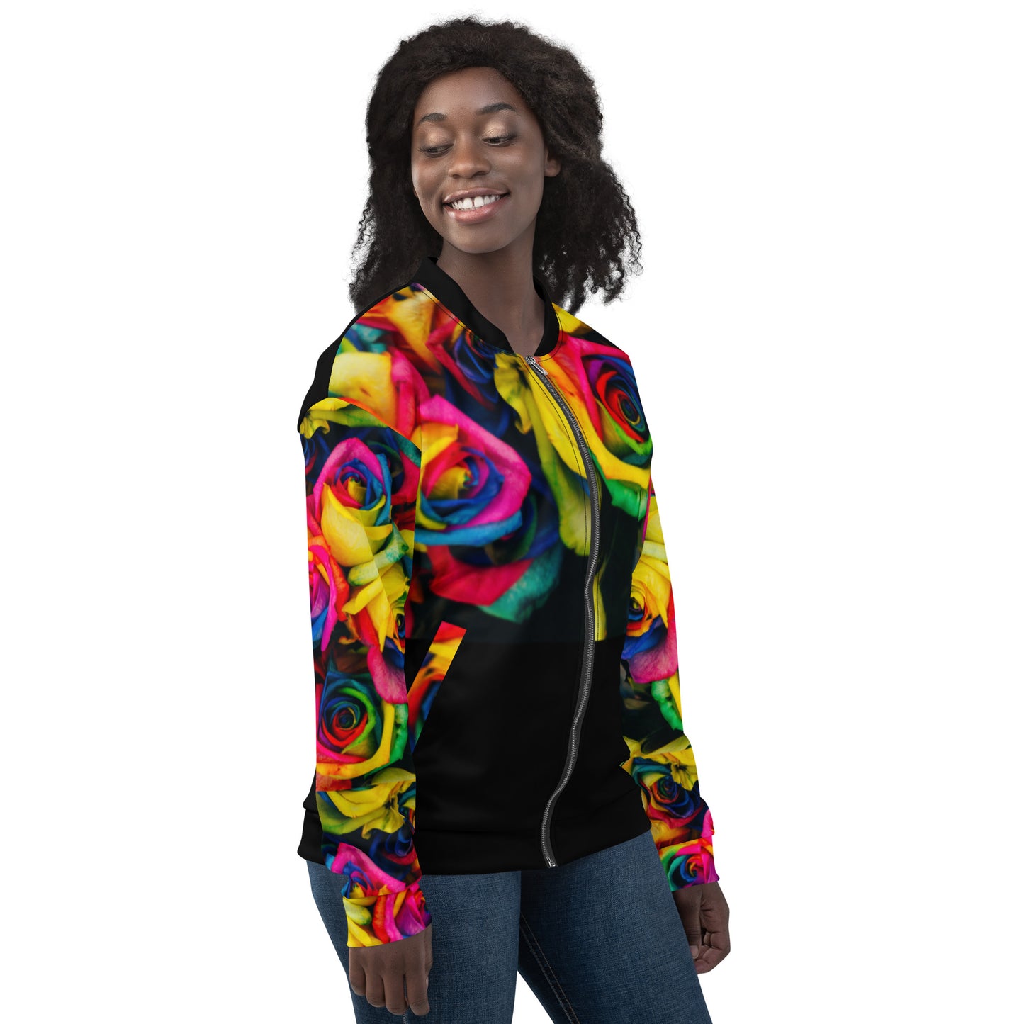 Moonlight & Roses Unisex Bomber Jacket - Full Sleeves from the Bravo & Roses Collection - Because artists deserve praise!  Gift yourself SpotlYght Seeker. You've earned it.  Let this statement piece be a  symbol of self-praise and empowerment, a perfect gift to yourself.