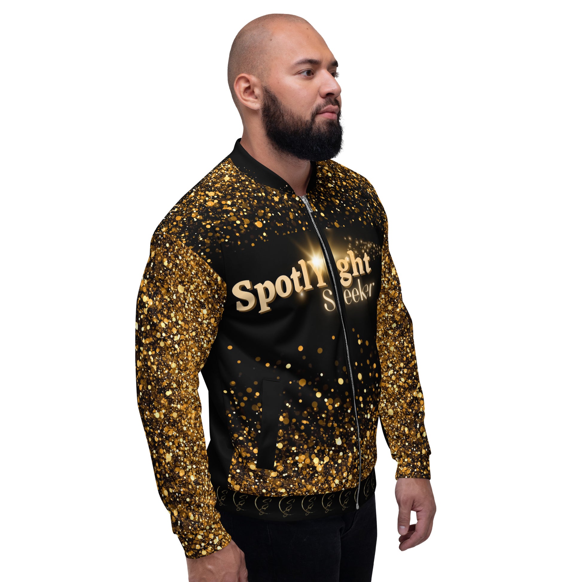 Unisex Bomber Jacket in dazzling sequin-simulated design, perfect for adding sparkle to your style.  For the artist whose birthright is the spotlight.