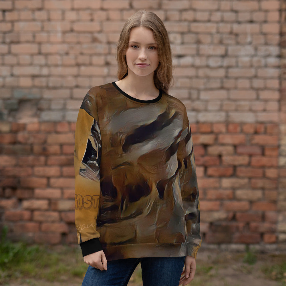 A confident artist wearing the Ghosted Sweatshirt, standing tall and proud.