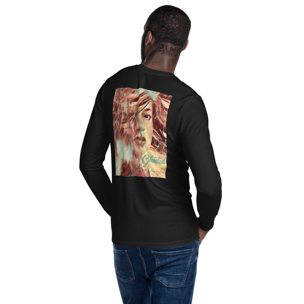 An artist confidently wearing the Dueling Ghosts Long-Sleeve Fitted Crew, showcasing their creativity.