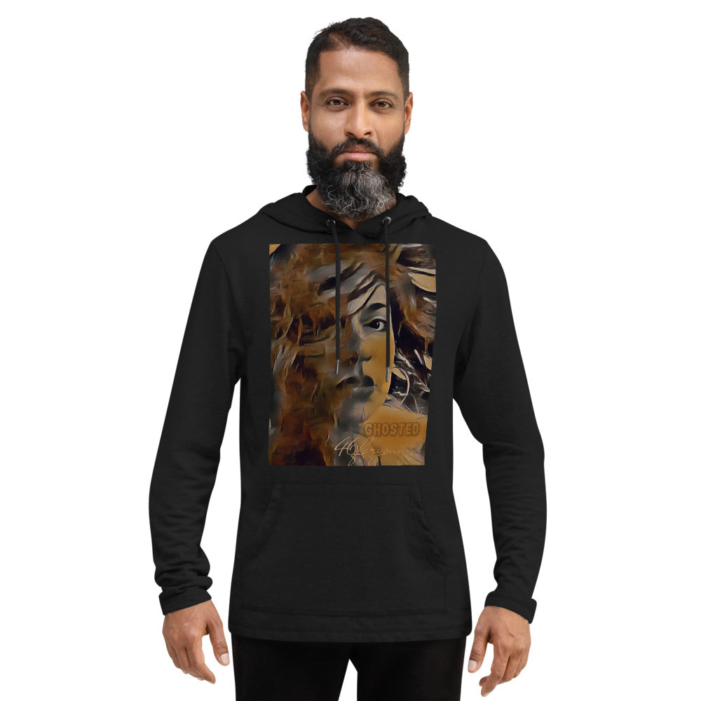 An artist confidently wearing the Ghosted Unisex Lightweight Hoodie showcasing their creativity.