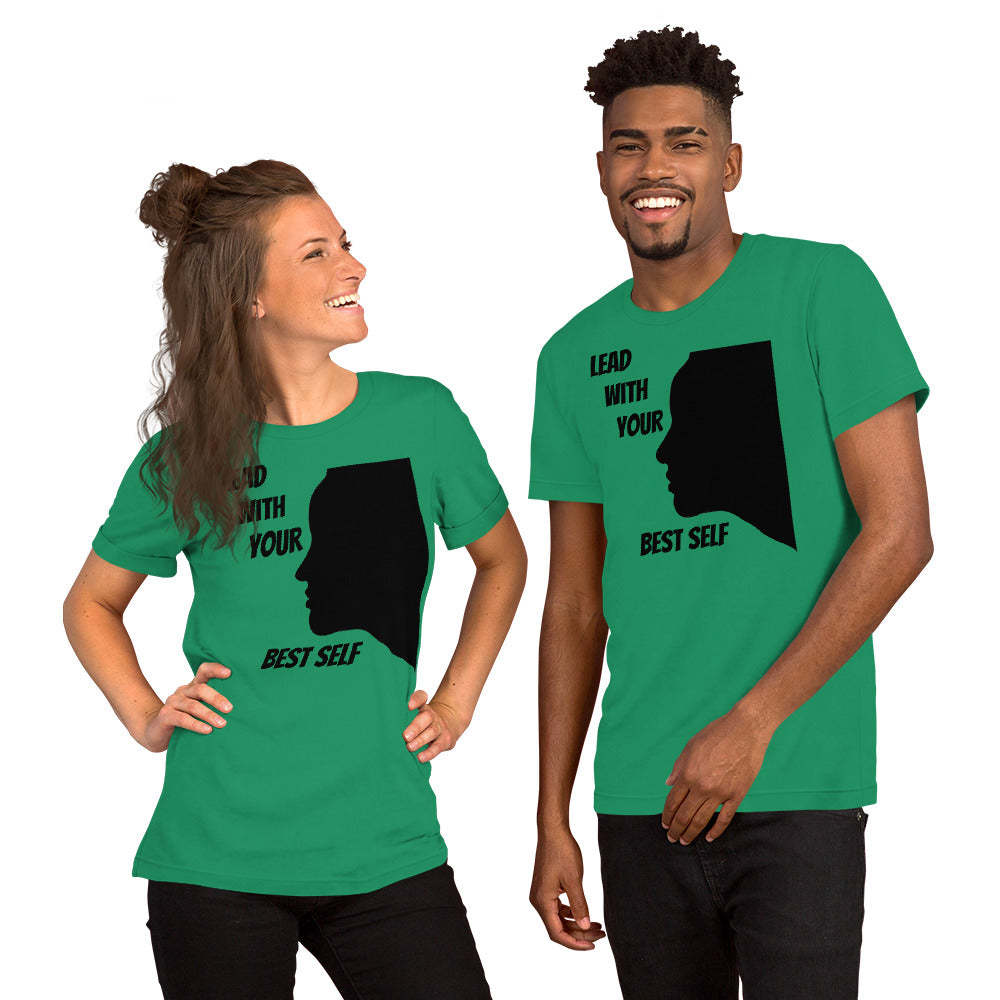 Close-up of an LBS T-Shirt in a vibrant color, featuring the inspiring message: ‘Lead with your Best Self,’ available in multiple colors to match your mood and creative energy.