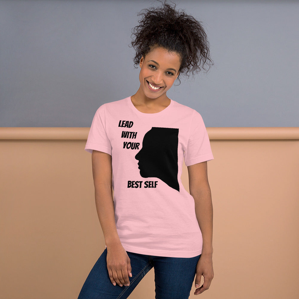 Close-up of an LBS T-Shirt in a vibrant color, featuring the inspiring message: ‘Lead with your Best Self,’ available in multiple colors to match your mood and creative energy.